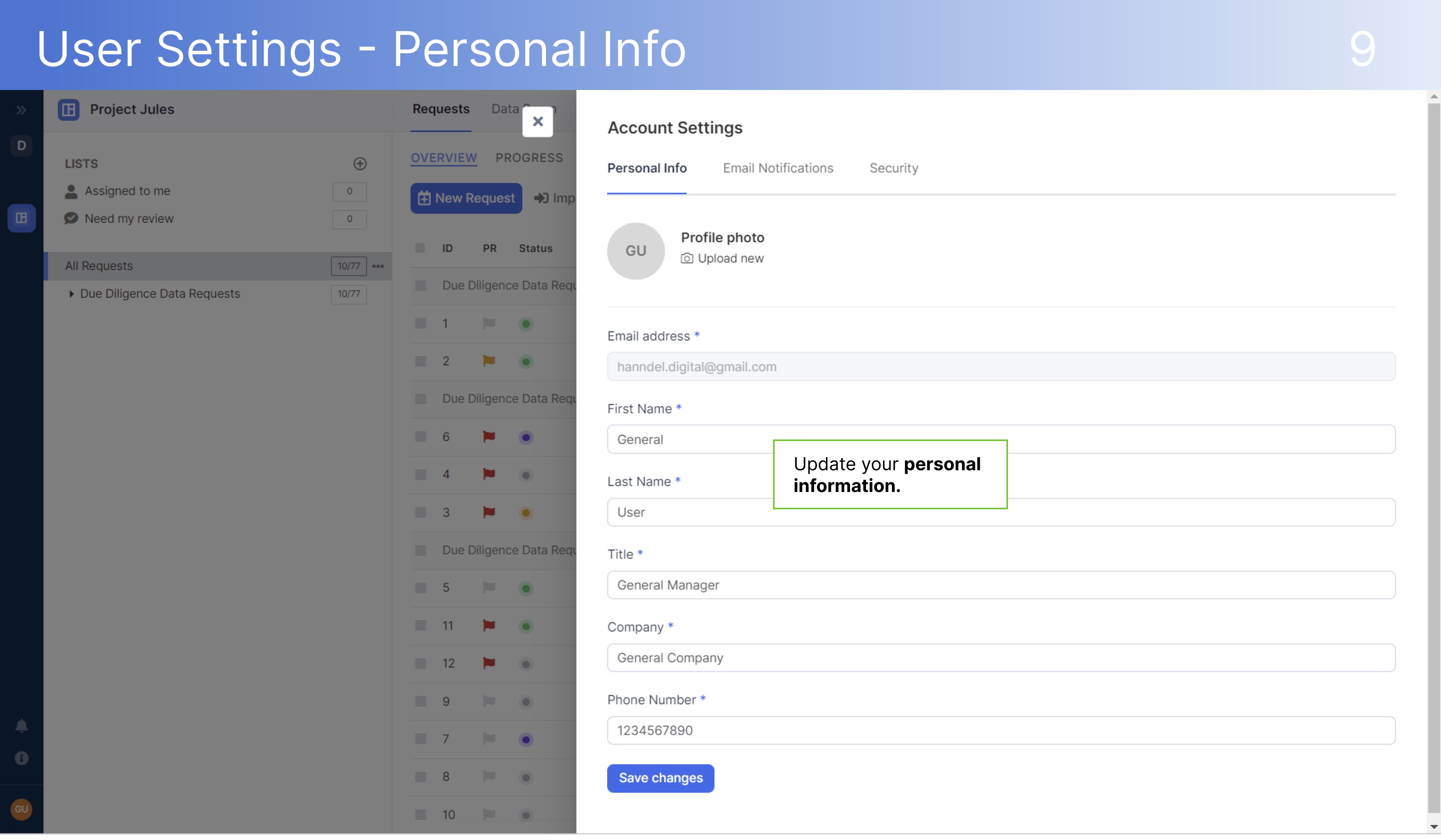 dealroom User Settings - Personal Info
