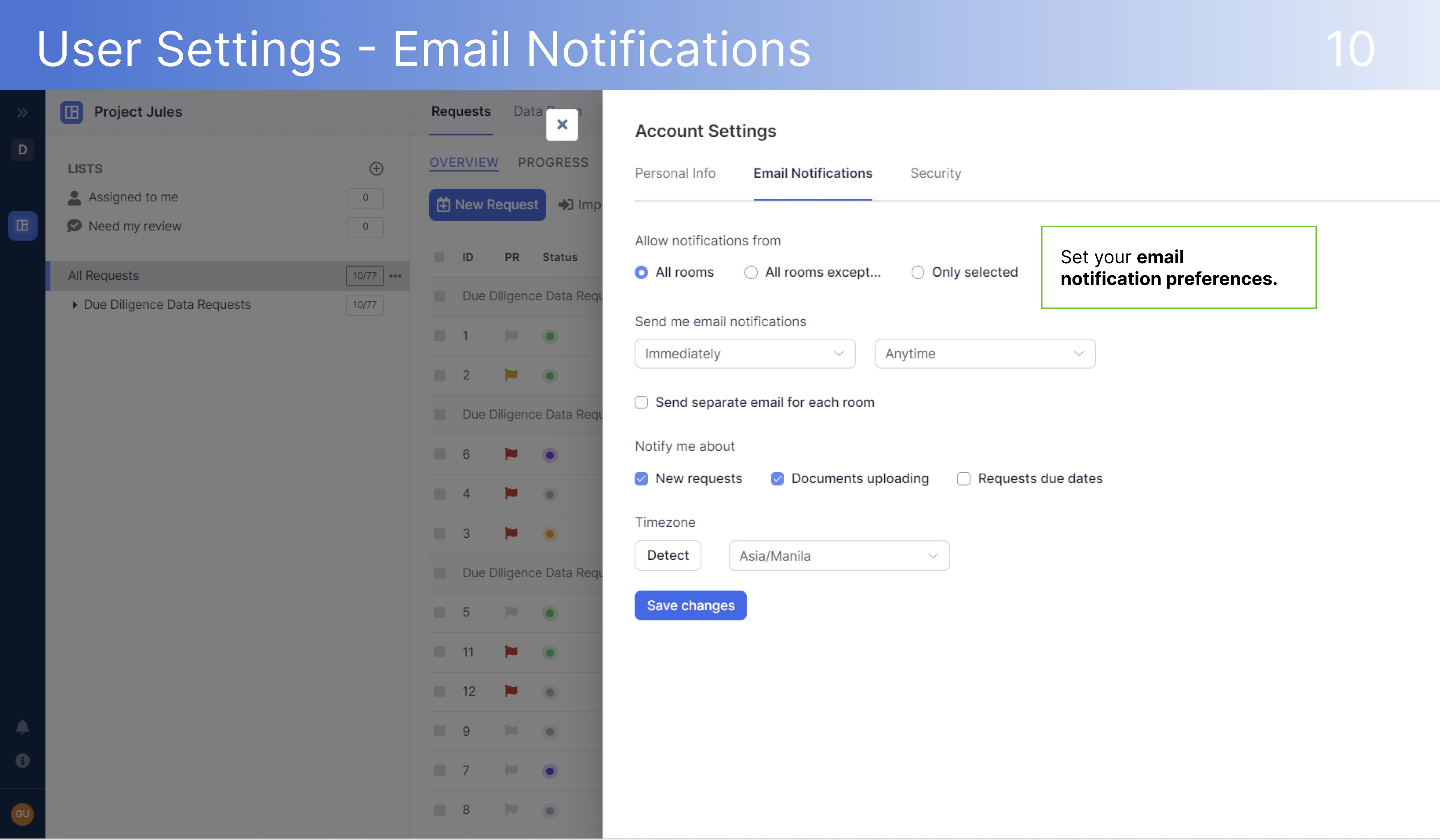 dealroom User Settings - Email Notifications
