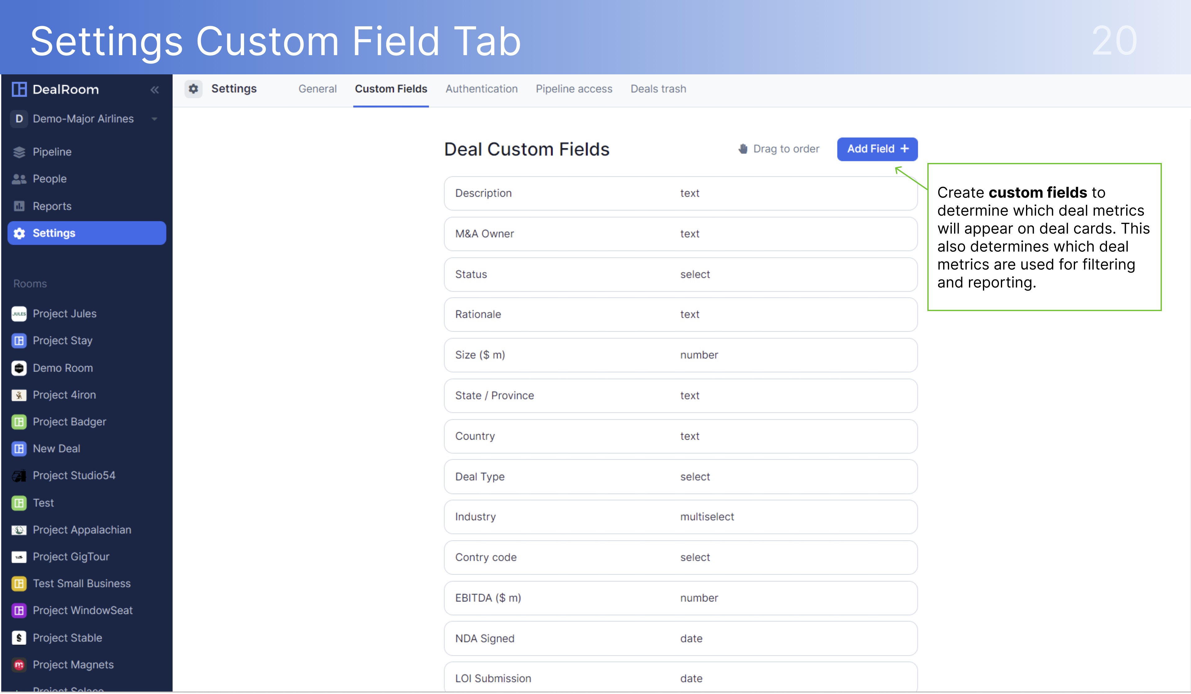 DealRoom Settings Custom Field